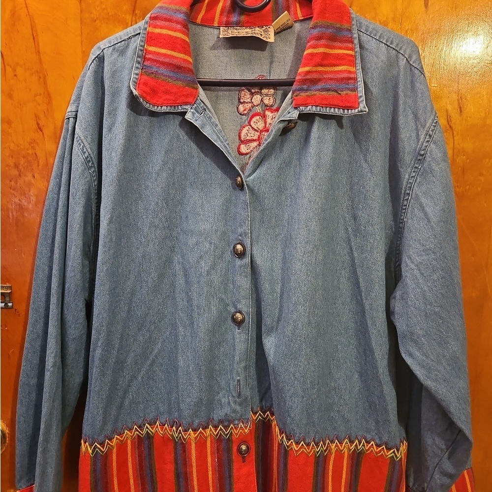 Vintage New Directions Blue Jean Jacket with Red Floral Embroidery - Picture 2 of 3
